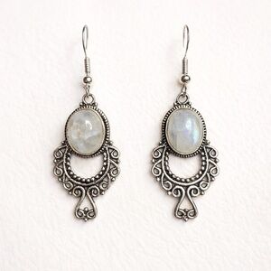 Vintage-Style Moonstone Look Filigree Dangle Earrings • Silver Tone • 2”